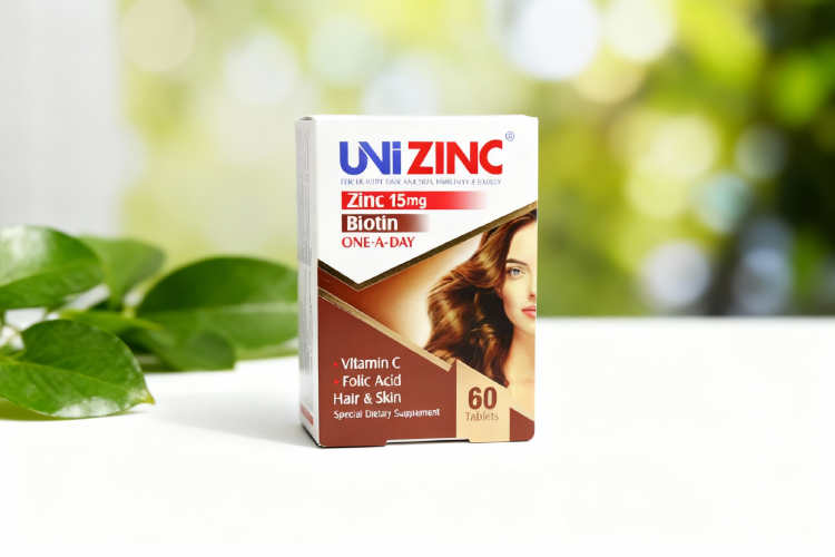 بسته بندی قرص یونی زینک با پس زمینه سفید و برگ سبز